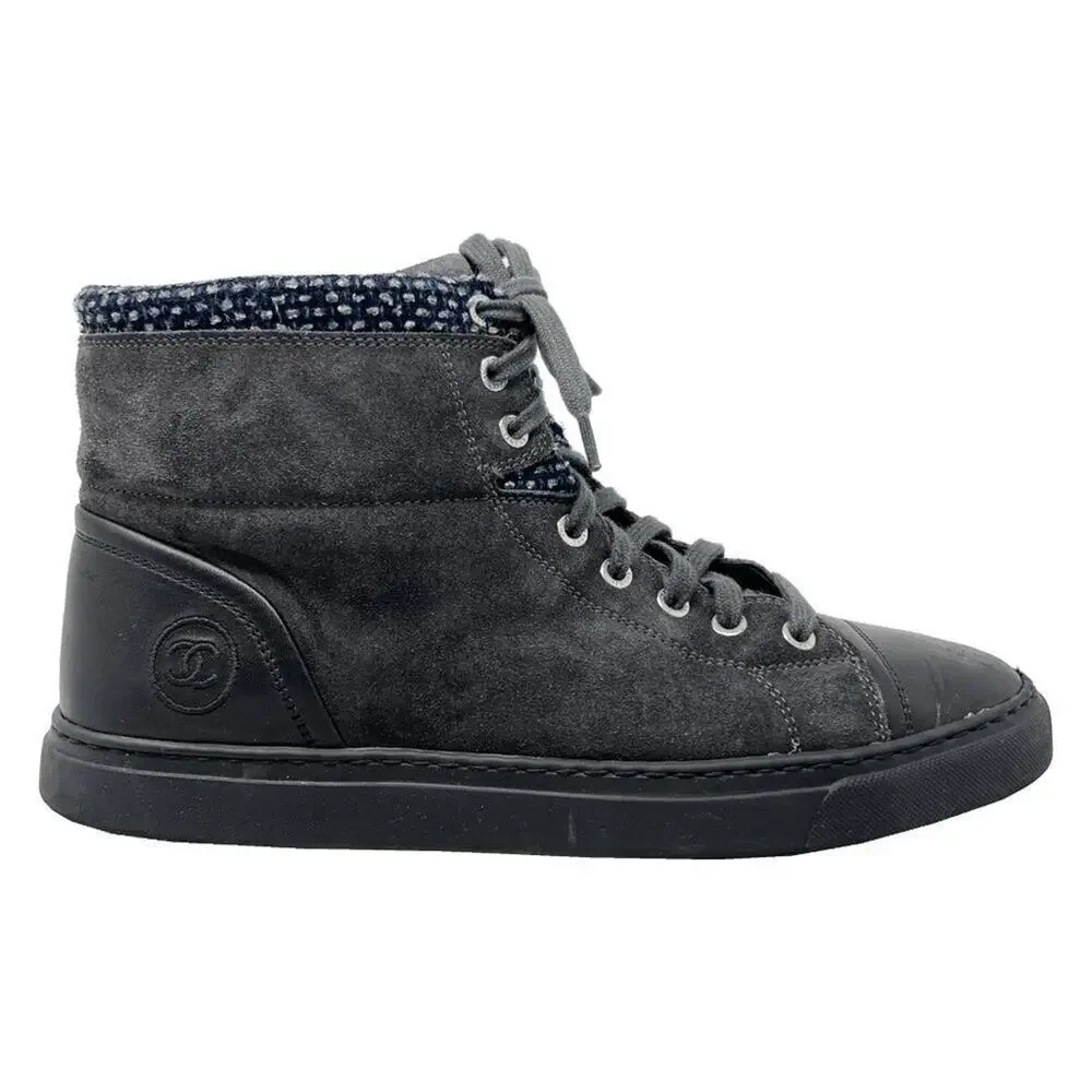 Chanel Suede & Tweed High-Top Sneakers – Gray/Black‎ – Size 40